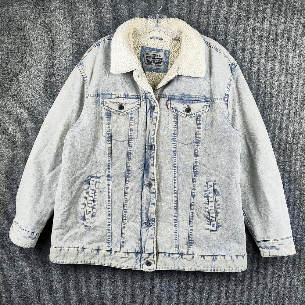 Levi Strauss & Co Jacket Mens XL Blue Acid Wash Denim Sherpa Lined Trucker Parka